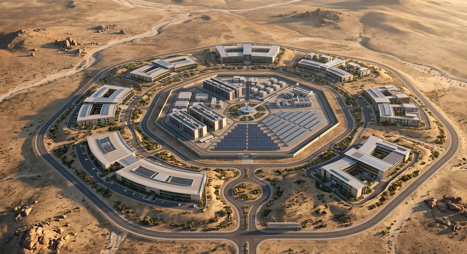 Concept render: the ORYXIS HILLS estate from above, a ring of buildings around a central solar core in the desert