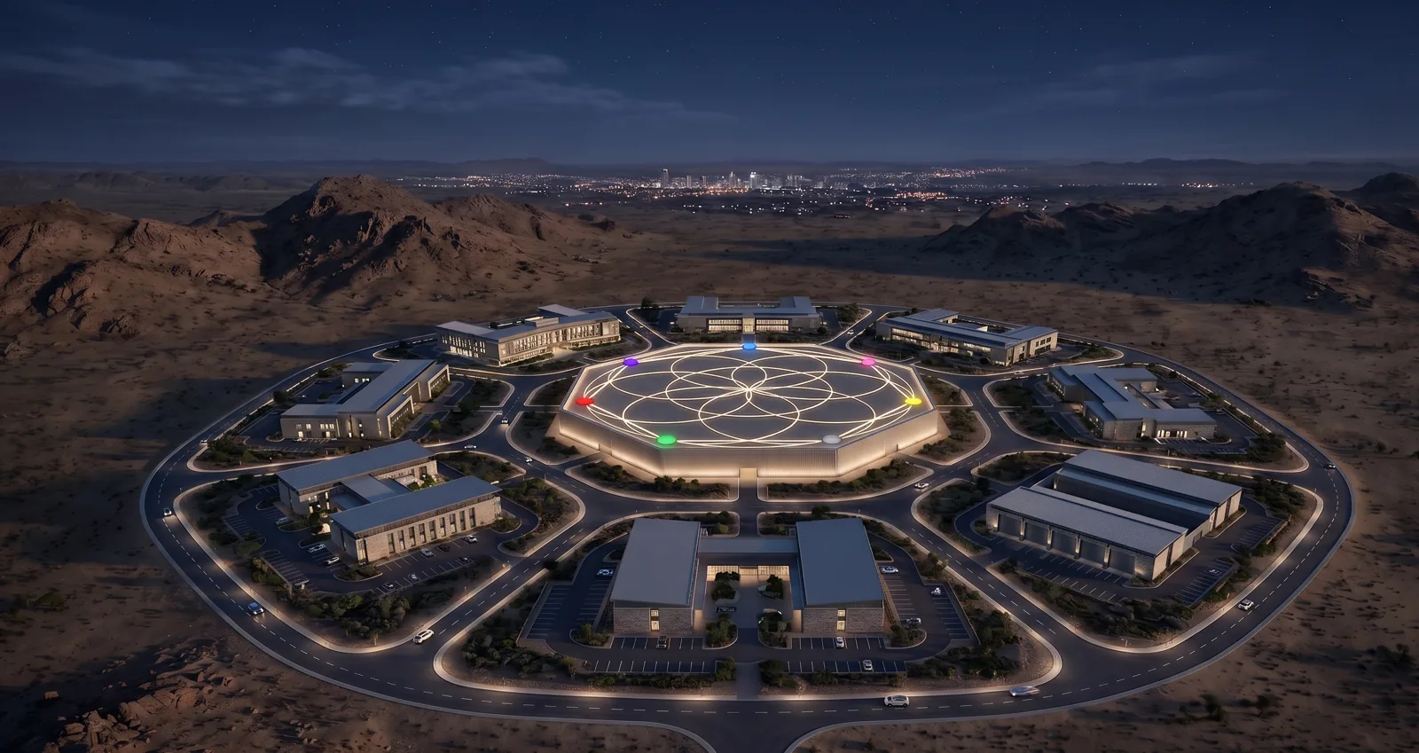Concept render of the ORYXIS HILLS estate lit at night