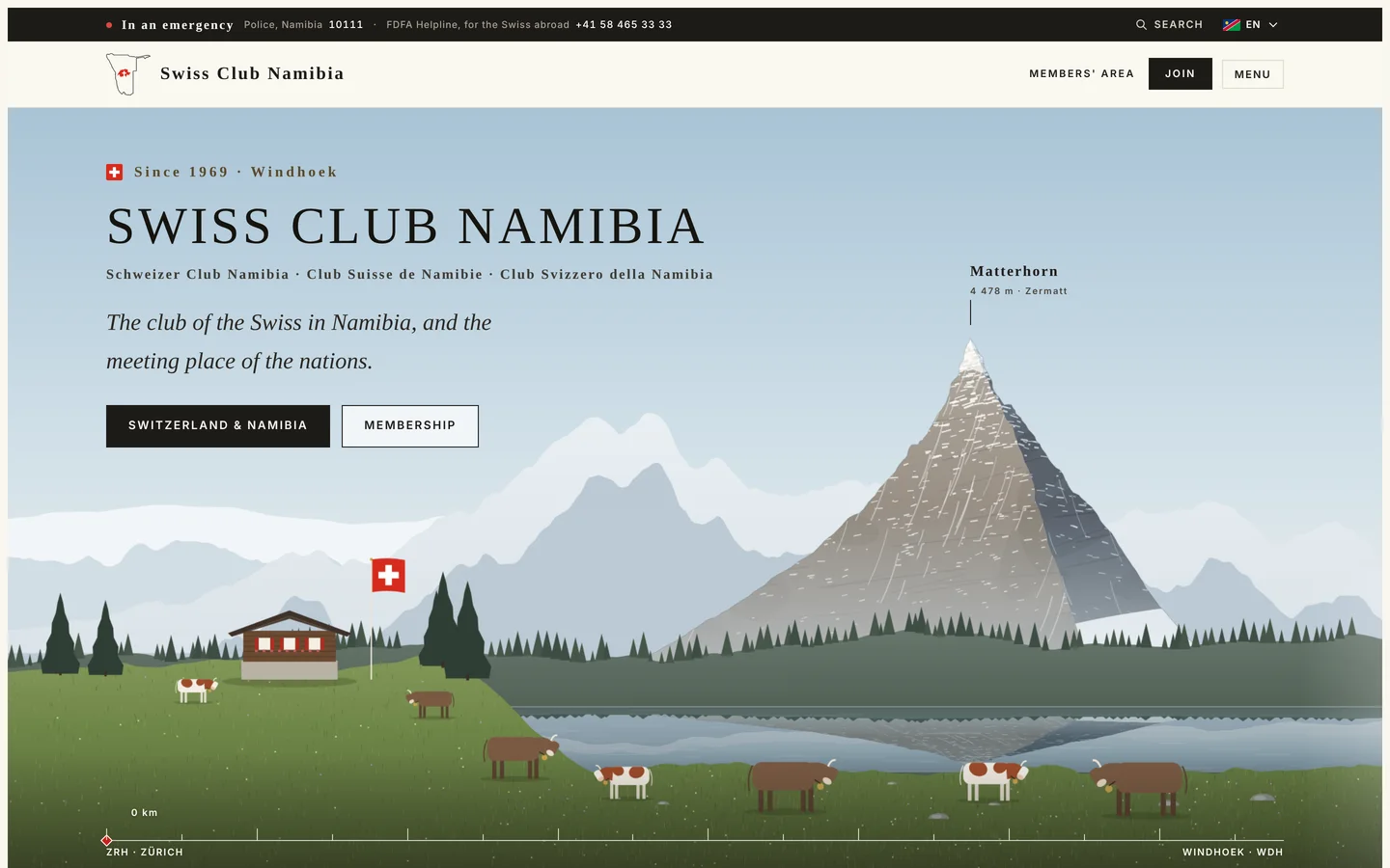 The Swiss Club Namibia website: an illustrated Matterhorn above a Namibian landscape, with the club’s name and its four languages