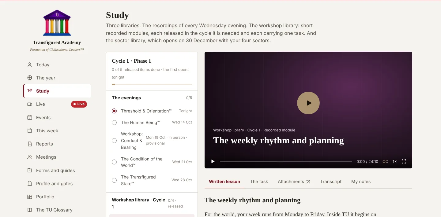 The Academy platform’s study view: the programme’s libraries beside a recorded lesson with its written notes
