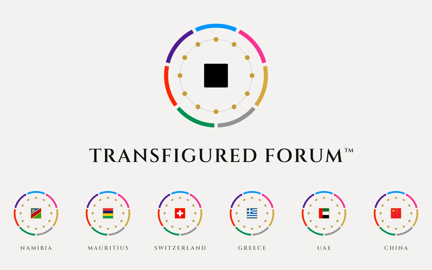 The Transfigured Forum mark and its national editions, each carrying its nation’s flag at the centre