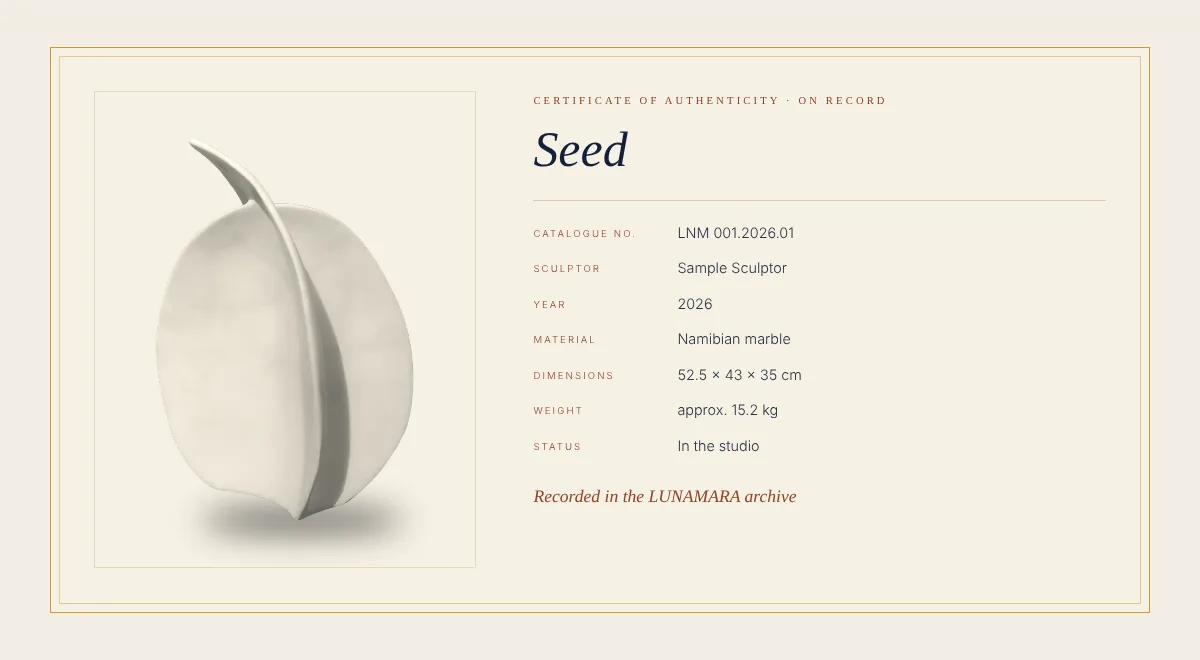 A sample record in the LUNAMARA certificate register: catalogue number, sculptor, year, marble, dimensions and status